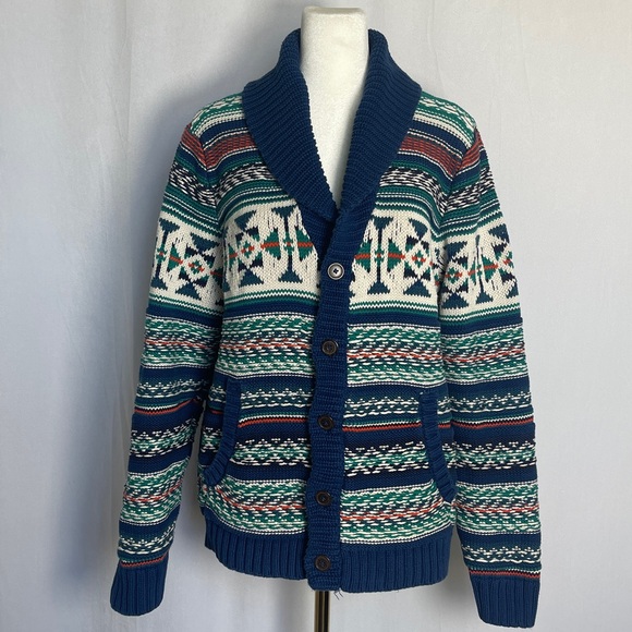 Salt Valley Shawl Collar Cardigan Size L Blue Green Southwestern Aztec Pockets - Picture 1 of 11